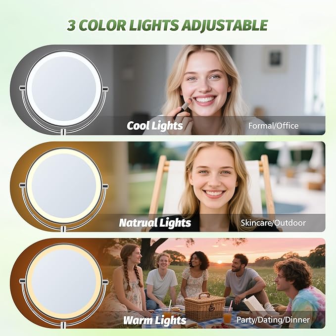 9" Large Lighted Makeup Mirror with Magnification 20X/1X, Magnifying Mirror with Base Charging and Switch, Rechargeable Vanity Mirror with 3 Color Dimmable Lights for Dresser, Bathroom