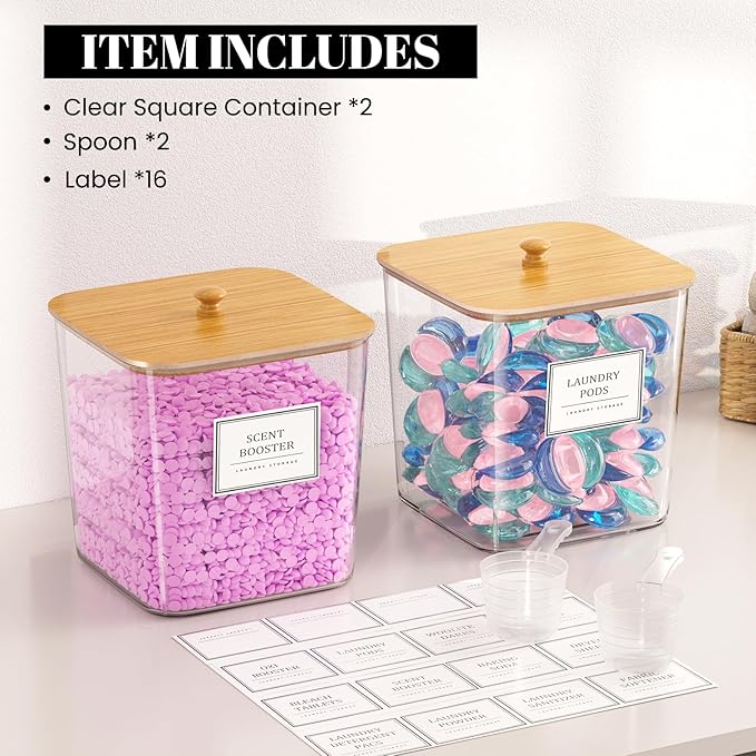 2 Pack Laundry Pods Container,Laundry Room Organization and Storage Containers with Wooden Lids & Labels Large Laundry Detergent Container for Powder,Scent Booster,Pods,Dryer Ball