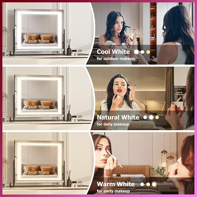 Hasipu Vanity Mirror with Lights, 24.2" x 19.7" LED Makeup Mirror, Light up Mirror with 10X Magnification, Smart Touch 3 Colors Dimmable, 360° Rotation (Right Angle Black)