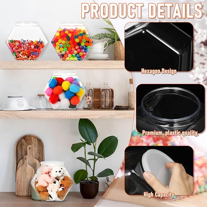 Uiifan 1 Piece Plastic Candy Jar with Lid Cookie Jar Clear Hexagonal Fish Bowls Containers for Snacks, Dog Food, Desk Pet, Craft and Sewing Supplies, Coffee Pod, Laundry Pod Storage Display(129 oz)