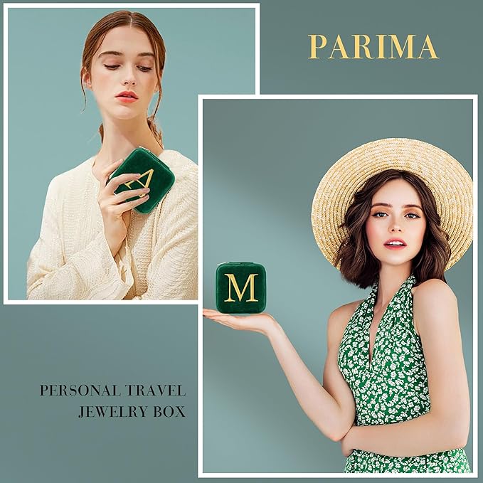 Parima Friend Gift for Women - Plush Velvet Emerald-Green Jewelry Box Travel Case - Letter D, Green