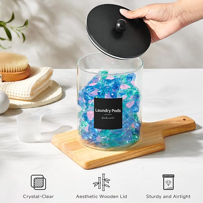 Glass Laundry Pods Container & Acrylic Dryer Sheet Holder with Balck Bamboo Knobs Lids, Scoops & Labels | Premium Laundry Room Organization and Storage for Detergent Pods, Powder, Dryer Balls & Beads