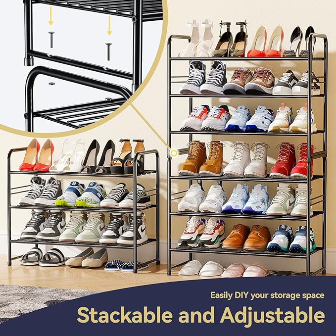 Shoe Rack, Closet Metal Wire 3 Tier 27”Long Shoe Organizer Shelf for Entryway,Stackable, Black