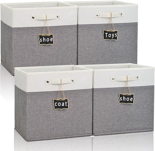 12x12 storage cube bins 4 Pack,Collapsible Fabric Storage Cubes with Labels,Linen Cube Storage Organizer Bins with Cotton Handles,Square Storage Cubes for Home,Office,Clothes,Cabinet (White Grey).