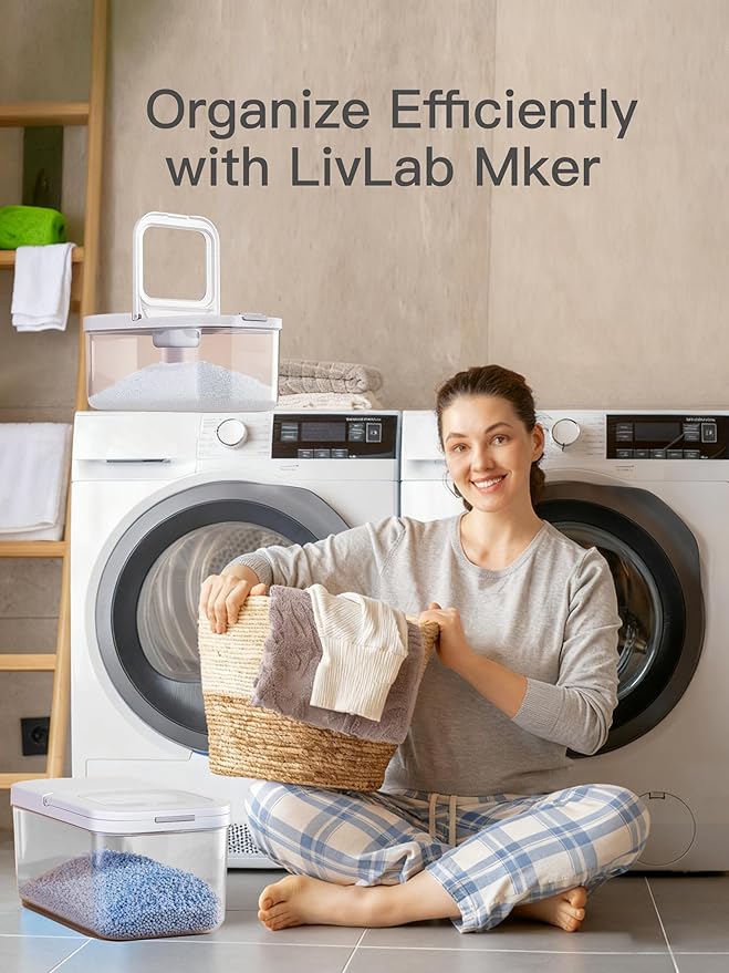 LivLab Mker Laundry Detergent Dispenser with One-Press Lid,Clear PET Powder container with Measuring spoon, Pods container 6L/13Lbs/200oz(290 Pods)
