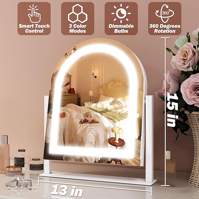 FENNIO Vanity Mirror with Lights 15"x13" Makeup Mirror with Lights, Lighted Makeup Mirror Touch Screen with 3-Color Lighting, 10X Magnification, Dimmable, for Vanity Desk Tabletop(White)