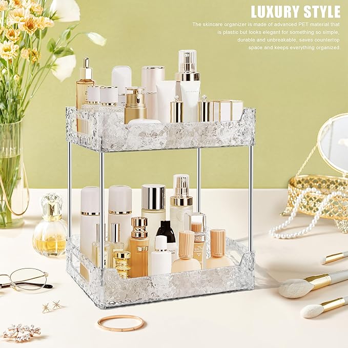2-Tier Bathroom Counter Organizer Countertop Storage, Dresser Organizer Vanity Tray for Makeup, Perfume Organizer Cosmetics Skincare Shelf - Clear