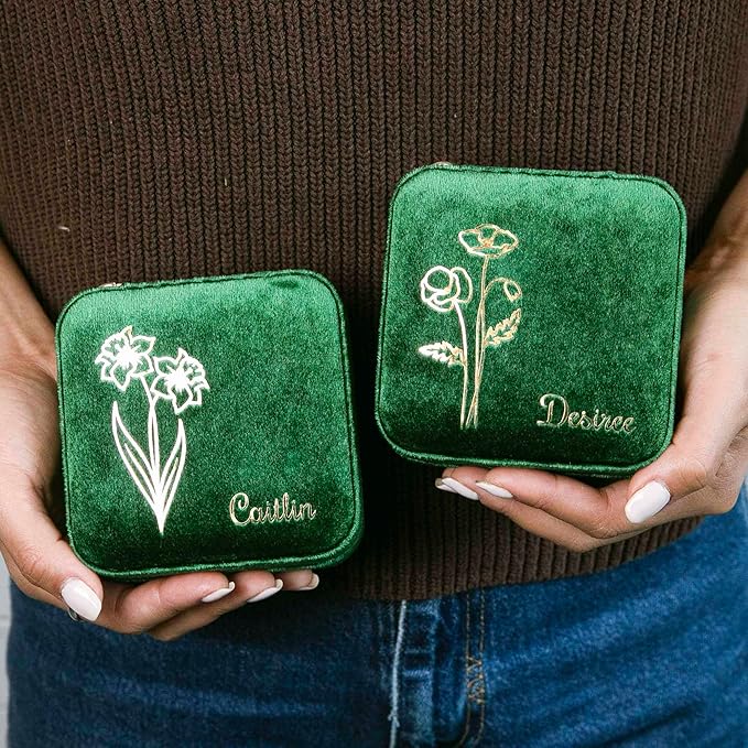 Customizable Compact Velvet Jewelry Box with Mirror, Travel Jewelry Case, Travel Jewelry Organizer, Jewelry Box for Women and Girls, Small Jewelry Organizer (Flower Design, Emerald Green)
