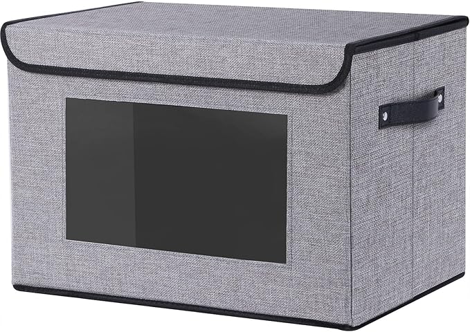 Fabric Storage Basket with Lid, Decorative Linen Closet Organizer, 15 x 9.8 x 9.8 Inch storage box with Handles, Gray, 1-Pack