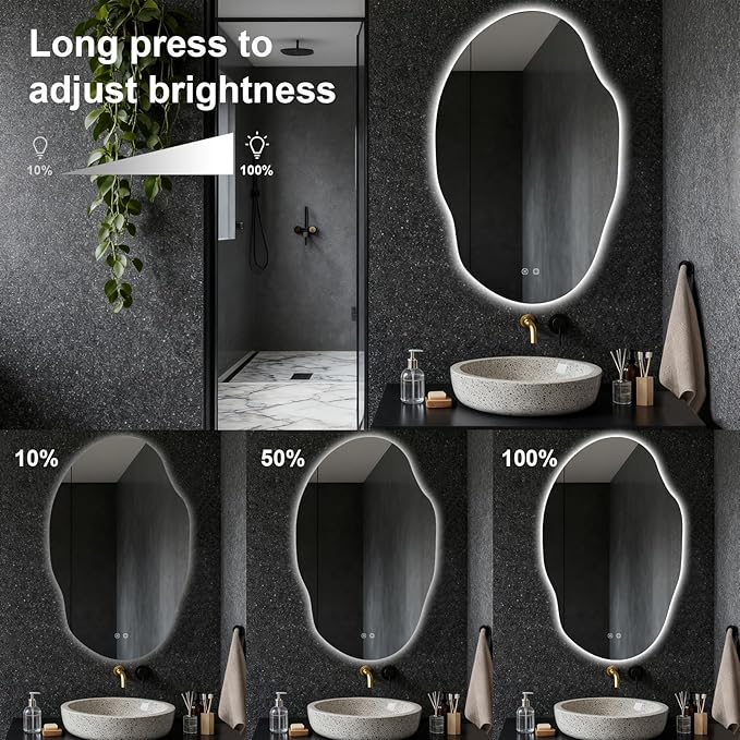 Asymmetrical Bathroom Mirror with Lights,Irregular LED Bathroom Vanity Mirror with Backlit,Anti-Fog,3 Colors and Dimmable Light with Memory,Hardwired Supported[Horizontal/Vertical] 48" H x 30" W