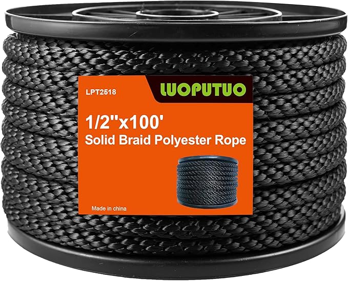 1/2 Inch 100FT Black Polyester Solid Braid Rope | High UV & Abrasion Resistance | Industrial Grade, Low Stretch | Multipurpose for Flag Poles, Clotheslines