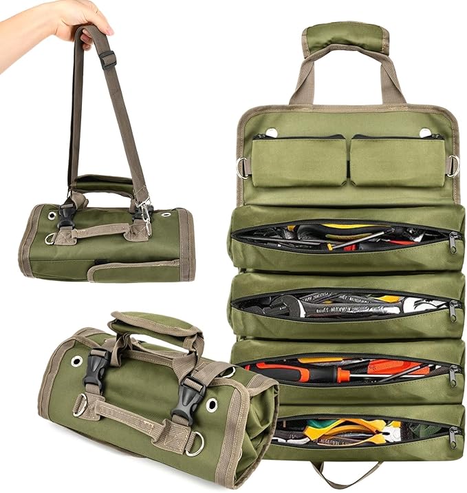 Roll-Up Tool Bag Heavy-Duty Waterproof - 4 Compartments & 2 Detachable Pouches | Compact Tool Organizer for Mechanics, RV & Motorcycle Storage, Handyman & Electricians (Green, Large)