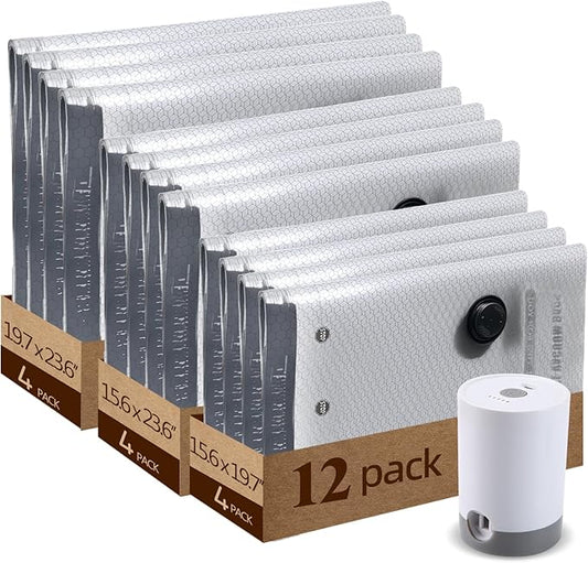 12 Pack Vacuum Storage Bags For Travel With Rechargeable Pump, Compression Packing Bags For Clothes, Blanket Storage, Space Saver For Luggage Suitcase, Important For Long Haul Flights