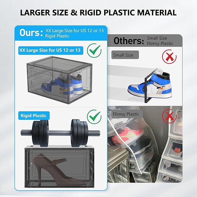 12 Pack Hard Sturdy Thickened Rigid XX Large Shoe Storage Organizer for Closet, Clear Stackable Sneaker Shoe Boxes Rack Containers Display Case Bins with Lids, Grey02