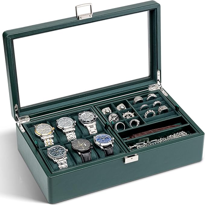 Vlando 6-Slot Watch Box Organize, Lockable Watch Case with Textured Leather, 2 Layer Watch Holder for Rings, Bracelets, Glasses, Glass Lid, Removable Divider, Gift for Fathers, Husband, Friend, Green
