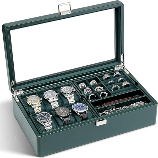 Vlando 6-Slot Watch Box Organize, Lockable Watch Case with Textured Leather, 2 Layer Watch Holder for Rings, Bracelets, Glasses, Glass Lid, Removable Divider, Gift for Fathers, Husband, Friend, Green