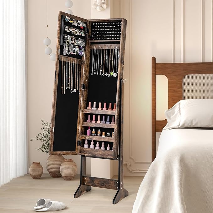 GOFLAME Jewelry Cabinet, Jewelry Organizer with Full Length Mirror Door, Standing Makeup Mirror Cabinet, Freestanding Jewelry Organizer with Large Storage Capacity (Rustic Brown)