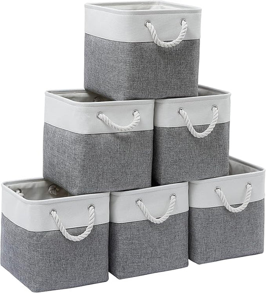 11 x 11 Inch Storage Cubes, 6 Pack Large Collapsible Fabric Storage Bin with Ropes, Foldable Storage Cubes for Home, Office,Closet, Clothes, Toys Organizer (White&Gray)