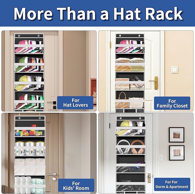Over The Door Hat Organizer for Baseball Caps - Holds up 60 Hat Rack with Extra Large Row for Cowboy, Hat Storage for Closet, Bedroom, Cabinet, Space Saving Hanging Holder, Scarves, Accessories