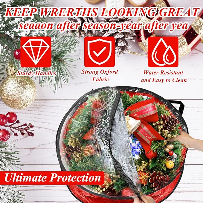 6 Pack Wreath Storage Container, 30" Wreath Storage Bag, Plastic Bag Storage Comforter Storage Bag with Sturdy Handles for Holiday Seasonal Wreath, Red