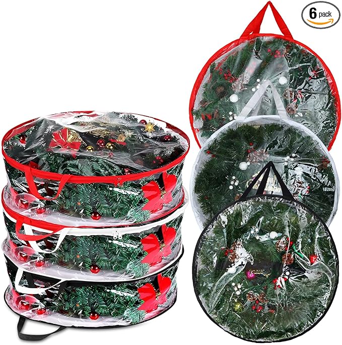 Zhengmy 6 Pcs Clear Christmas Wreath Storage Bag Wreath Storage Container With fixing strap Wreath Storage Box with Handles for Storing Garland Holiday Wreath Wrapping(30 Inches)