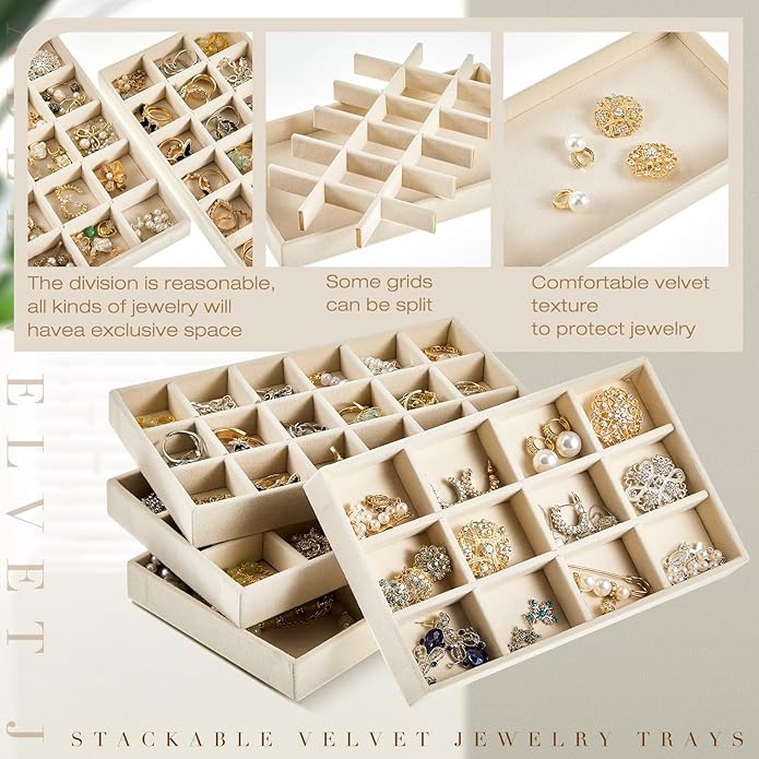 Junkin 12 Pcs Jewelry Tray Velvet Stackable Jewelry Organizer Trays Divided Earring Accessories Storage Containers Box (Rose Red)