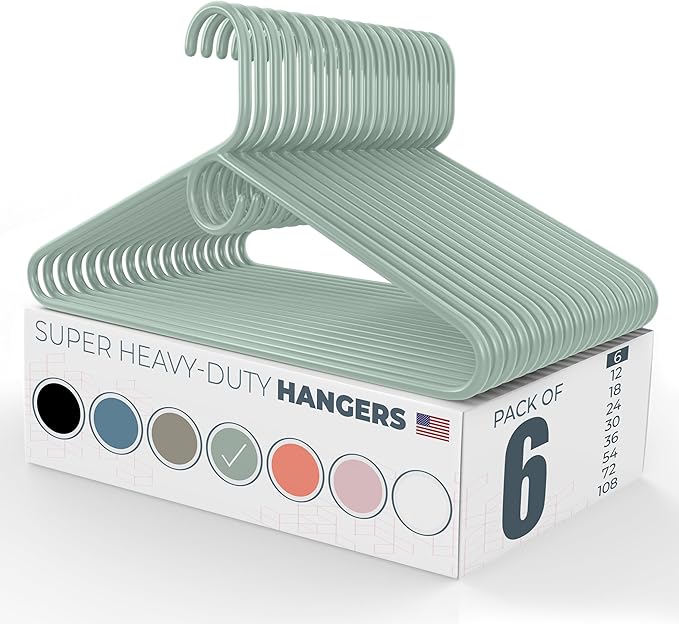 Neaties Super Heavy Duty Clothes Hangers 6 Pack – Made in The USA - 10lb Capacity, Thick Plastic Hangers for Pants, Coats, Jackets, Jeans and Adult Clothing – Mint