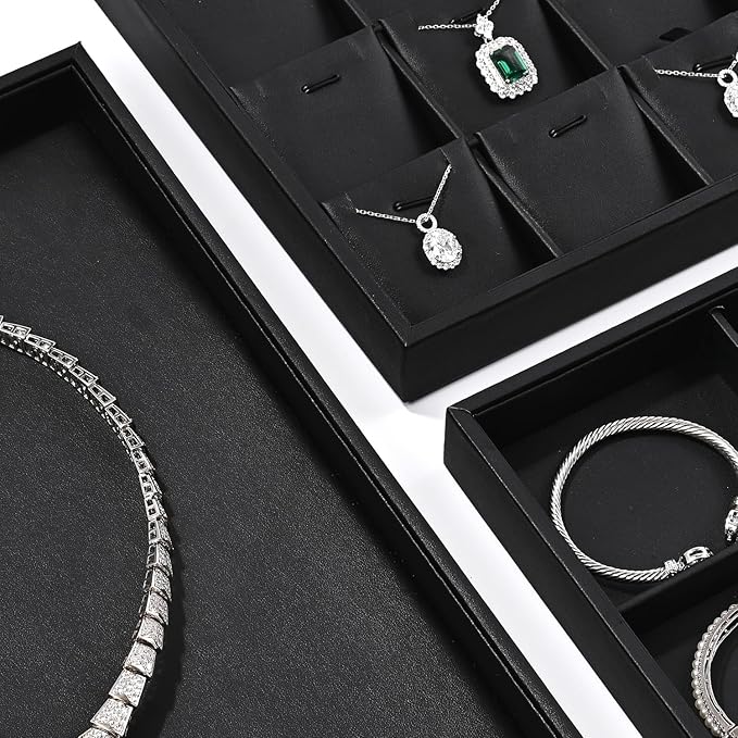 24 Grids Leather Necklace Tray Jewelry Display Tray for Drawers With Removable Jewellery Cards Necklace Pendant Tray (Black)