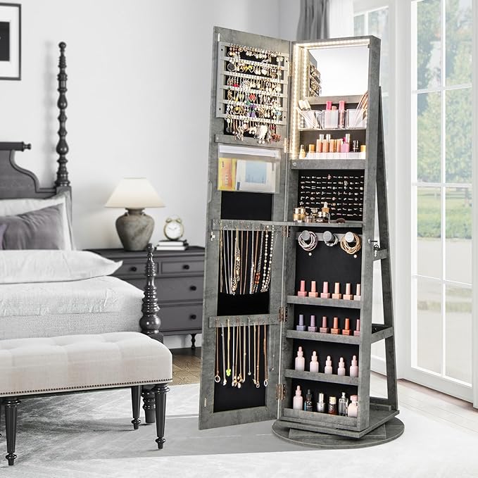 Mirror Jewelry Cabinet Standing with Full Length Mirror, 360° Swivel Jewelry Armoire with 3-Color LED Lights & Foldable Makeup Shelf, Lockable Organizer for Women, Space-Saving (Stone Gray)