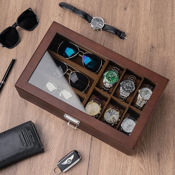 ProCase Wooden Men's Jewelry Box, 2-Tier Watch Holder and Sunglasses Box Organizer for Men, Display Cases with Clear Glass Top and Storage Drawer -Espresso