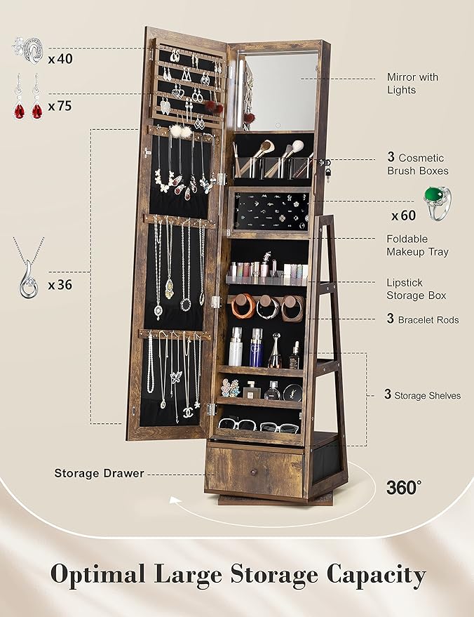 Nicetree 360° Swivel Jewelry Cabinet with Lights, Touch Screen Vanity Mirror, Rotatable Full Length Mirror with Jewelry Storage, Standing Jewelry Armoire Organizer, Christmas Gifts, Rustic Brown