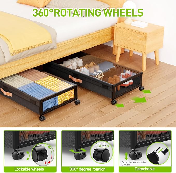 Under Bed Storage with Wheels,2-Pack Under Bed Storage Containers with Clear Lids, XXL 70L Under the bed storage Organizer Bins,Rolling Under Bed Metal Drawer for Clothes,Shoes (36"x16.6"x7.28")