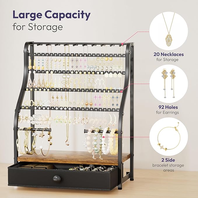 SWTYMIKI Earring Holder Organizer - Jewelry Organizer Stand with Necklace Hooks, Watch Rods, Nonwoven Drawer, Large Capacity Jewelry Display for Stud Earring Bracelet Necklace Ring, Espresso