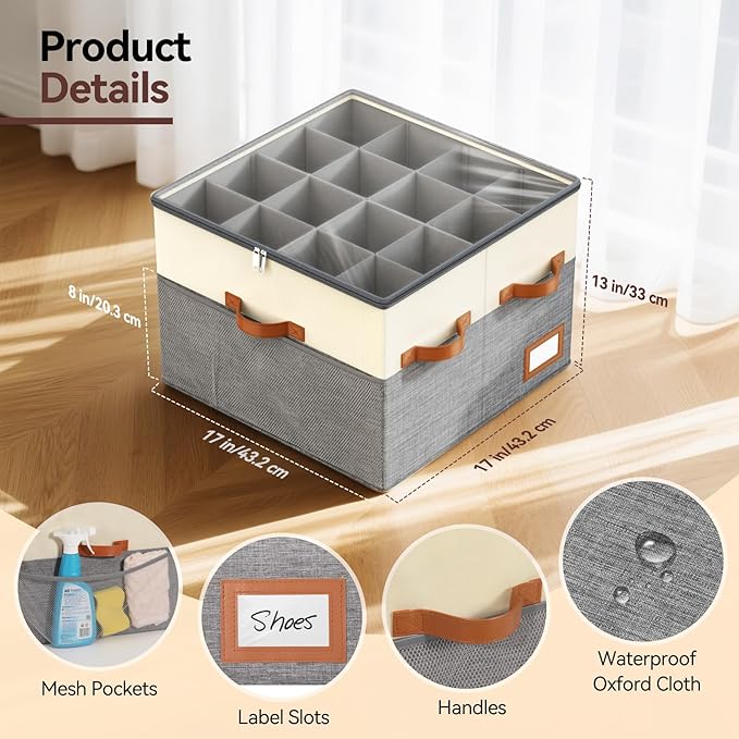Lewondr Shoe Organizer for Closet, 2 Pack Foldable Shoe Storage Box with Adjustable Dividers and Clear Cover, Space Saving Shoes Holder with 4 Handles, Fits up to 32 Pairs, Beige+Gray