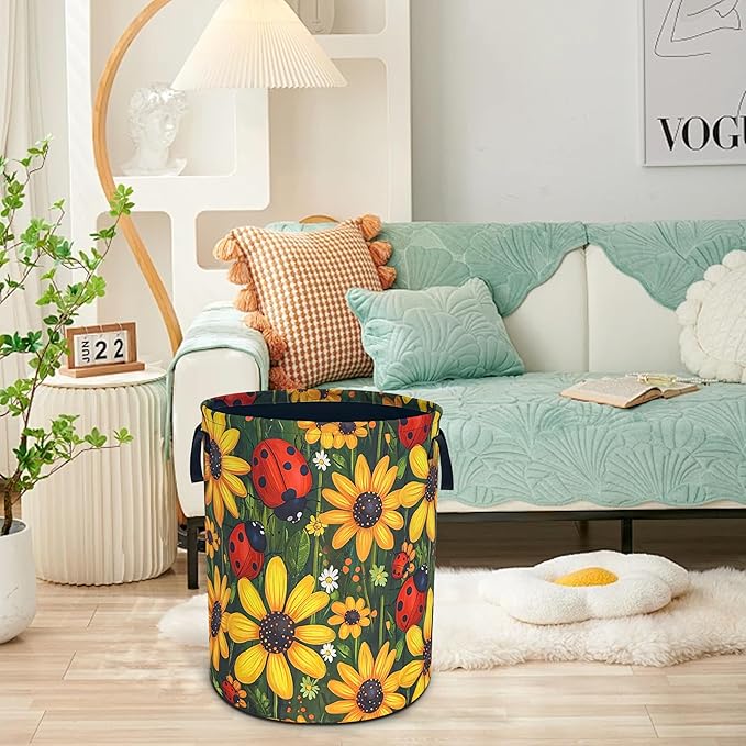 Ladybug Sunflower Laundry Basket Cartoon Oxford Cloth Laundry Hamper Funny With Handle Foldable Portable Clothes Storage Basket 18.9 X 16.5 In Storage Bag For Laundry Room/Bathroom/Bedroom/Dormitories
