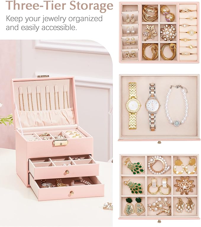 Homde Women Jewelry Box with Lock: 3 Layers Modern Organizer - Pink Storage for Ring Necklace Earring - Birthday Christmas Gifts for Girls