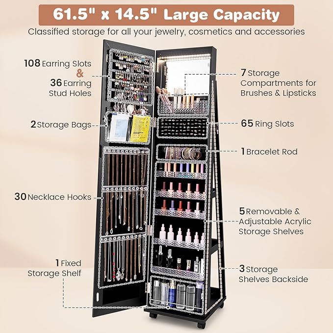 CHARMAID Jewelry Cabinet Armoire with Wheels, 64" Full Length Mirror with Jewelry Storage, 3-Color LED Lights, Adjustable Shelves, Lockable Standing Jewelry Organizer with Back Shelves (Black)
