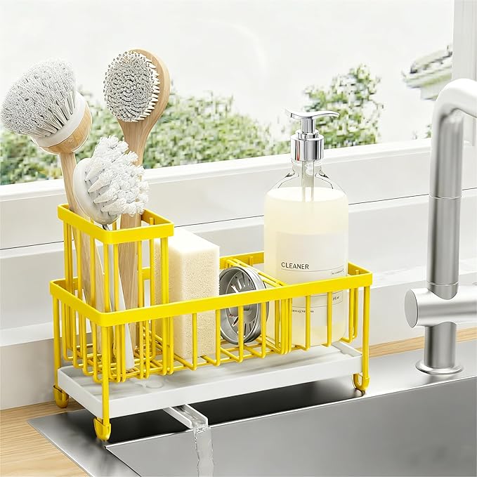 Cisily Sponge Holder for Kitchen Sink, Sink Caddy Organizer with High Brush Holder, Kitchen Countertop Organizers and Storage Essentials, Rustproof 304 Stainless Steel (Yellow, 9.25″)
