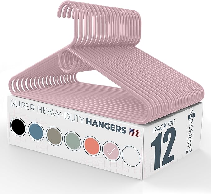 Neaties Super Heavy Duty Clothes Hangers 12 Pack – Made in The USA - 10lb Capacity, Thick Plastic Hangers for Pants, Coats, Jackets, Jeans and Adult Clothing – Pink