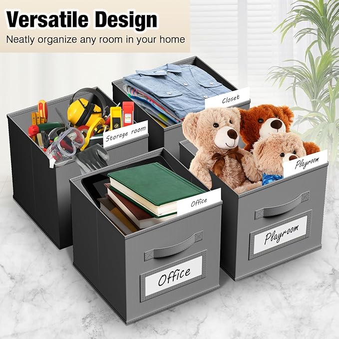 10 Pcs Fabric Storage Cubes with Labels 13 Inch Collapsible Cube Organizer Baskets with Window Cards for Shelf Nursery Clothes Book Toys Storage Bin(Gray)