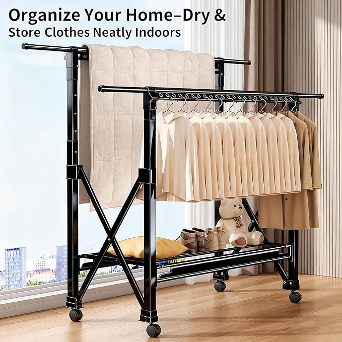 Double Rod Foldable Extendable Rolling Clothes Drying Garment Rack with Wheels, Heavy Duty Adjustable Freestanding Metal Clothes Rack for Indoor Outdoor Balcony Laundry, Black
