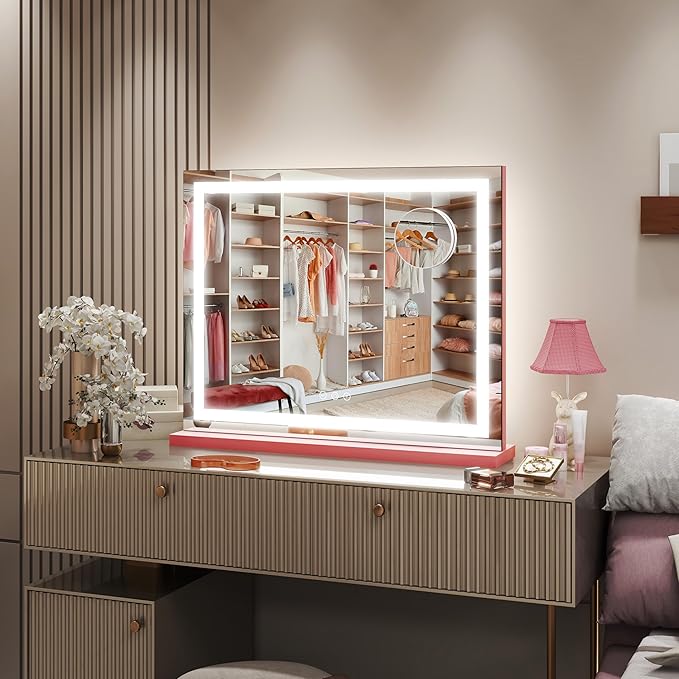 FENNIO Vanity Mirror with Lights 23"x18", Lighted Makeup Mirror, Large Vanity Mirror, Touch Sensor with 3-Color Lighting, 10X Magnification and USB Charging Port for Vanity Desk（Square Pink）