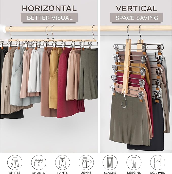 MORALVE Skirt Hangers Space Saving with Clips - 2 Pack - European Beechwood 5-Tier Hanger for Shorts, Skirts, and Pants - Closet Organizer and Storage Solution for Women with 360° Swivel Hook