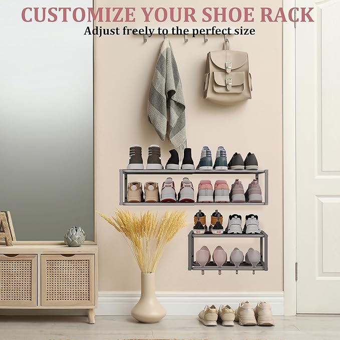 2 Pack Expandable Wall Mounted Shoe Rack, 17"-31" Adjustable Hanging Shoe Rack Holds 16 Pairs, Heavy Duty Metal Shoe Holder with 4 Storage Hooks, Space Saving for Entryway Closet Doorway（Grey）