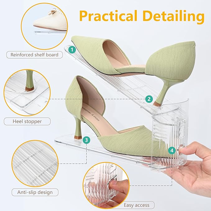 10-Pack Shoe Slot Organizer & Shoe Stacker for Closet, Adjustable Shoe Space Saver, Double Deck Clear Shoe Storage for Small Spaces (Transparent)