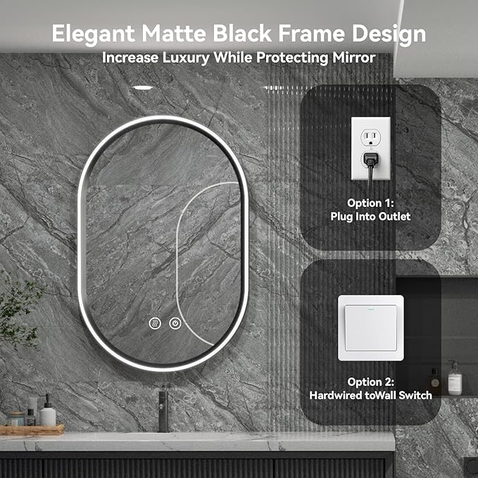 Led Bathroom Mirror with Lights, 24'' x 36'' Oval Heavy Duty Aluminum Frame Bathroom Vanity Mirror with Lights, 3 Colors, Brightness Stepless Dimmable, Anti-Fog, Memory Function, Single LED Black