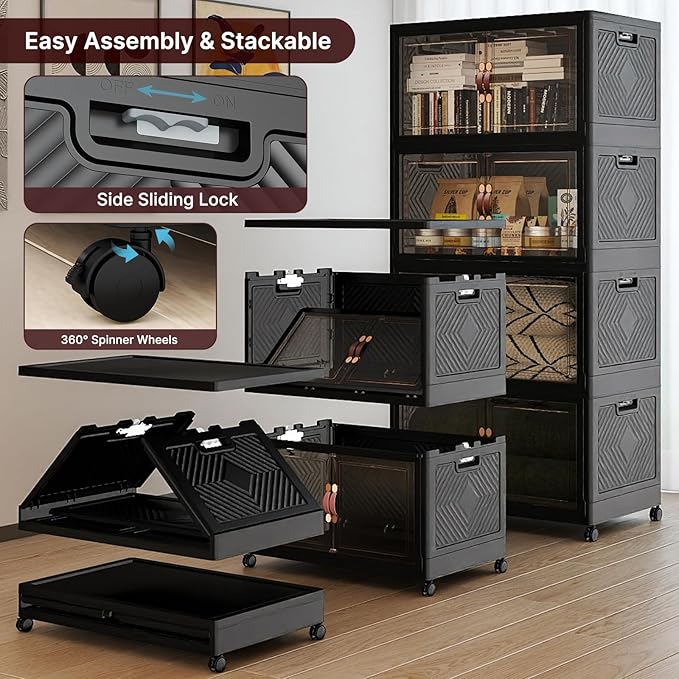 Extra Large Stackable Storage Bins with Lids & Wheels & Door,Foldable Collapsible Closet Organizers, Plastic containers drawers for bedroom Dorm (Dark-160qt, 4Pack with 1 top lid)