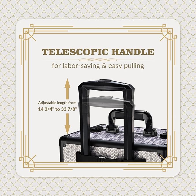 BYOOTIQUE Rolling Makeup Train Case on Wheels 3-Piece Hairdressing Brush Bags Cosmetology Art Deco Graphite