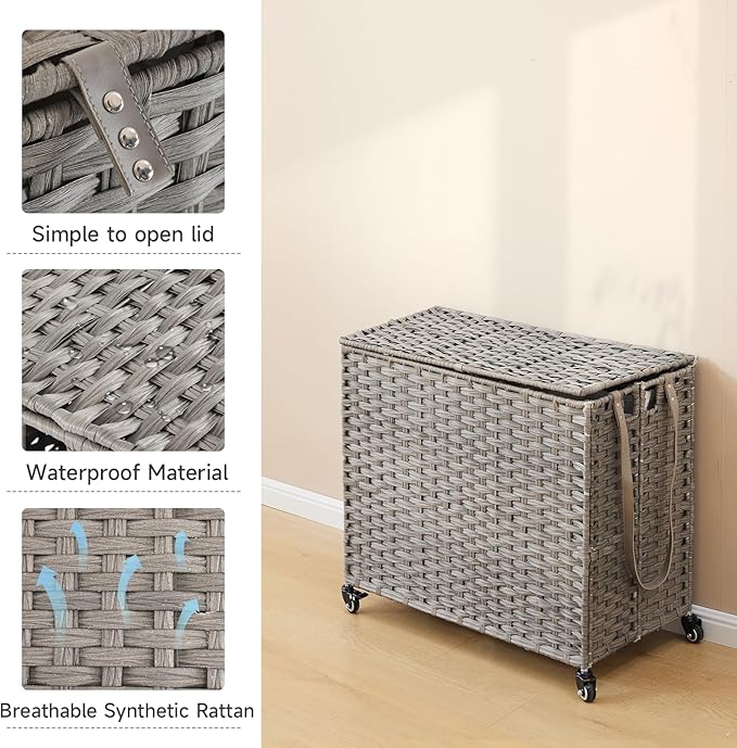 Laundry Hamper with Wheels, 34.3 Gallon(130L) Rolling Laundry Basket with Lid, Removable Large 2 Color Liners & 3 Mesh Laundry Bags, Clothes Hamper with Side Pocket, Grey