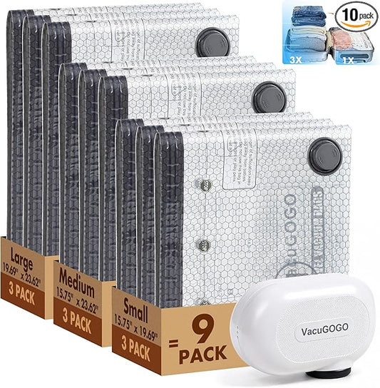 Travel Vacuum Storage Bags with Pump, Carry-on Luggage Compression Bags + Portable Electric Pump, 80% Space Saver for Clothes, Vacuum Seal Bags for Clothing Packing Travel, Pack of 9